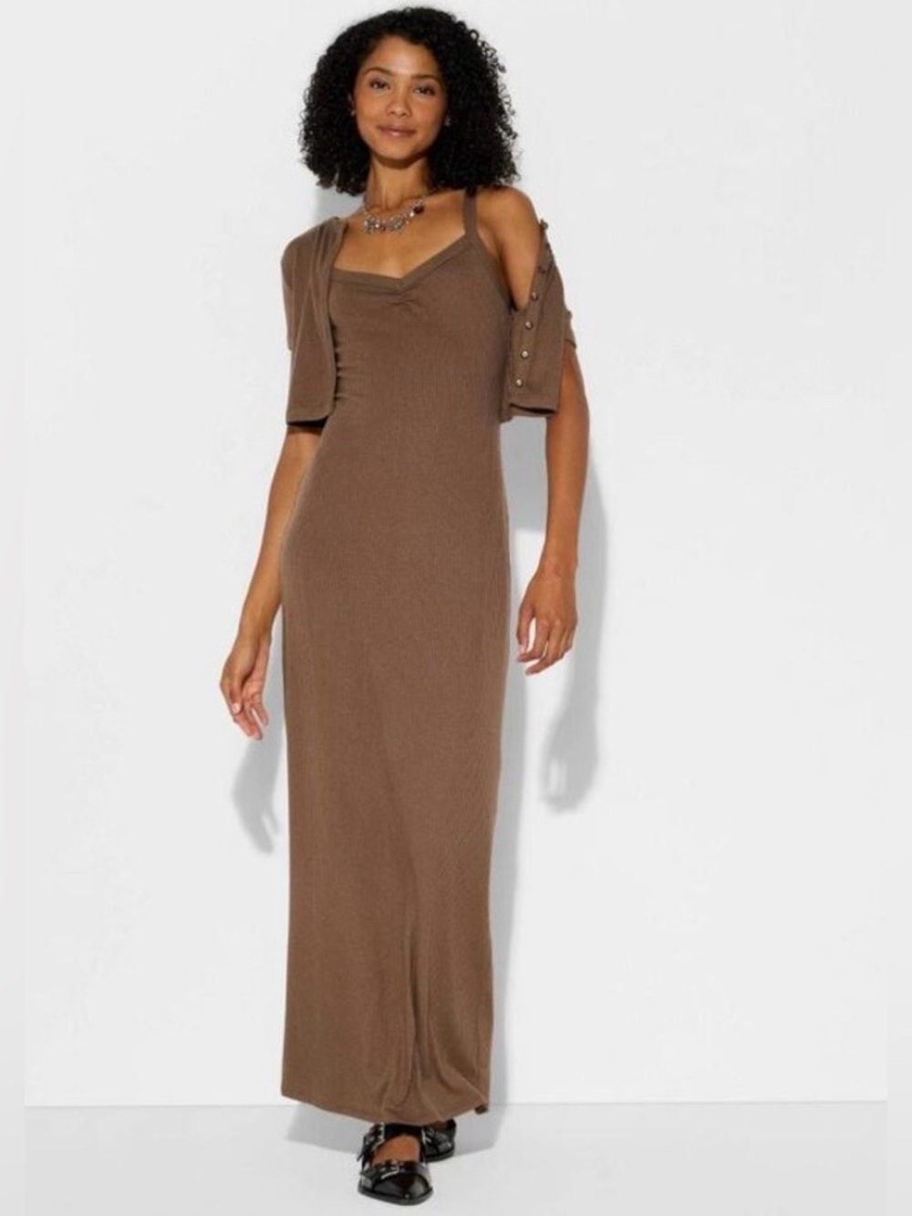 NWT Wild Fable 2 Piece Brown Ribbed Maxi Dress & Cropped Cardigan Set L
